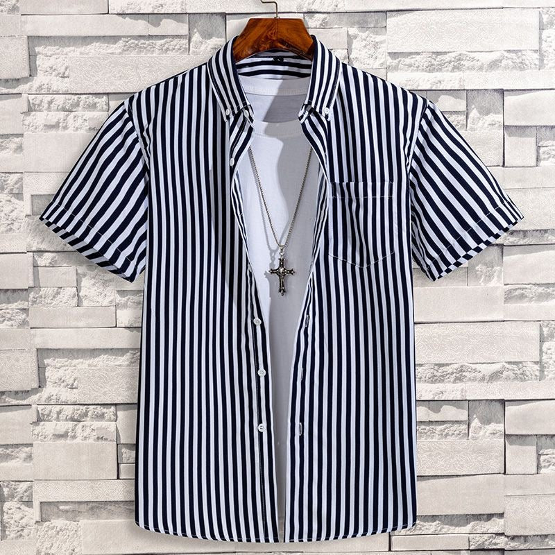 Men's Black & White Striped Short Sleeve Shirt
